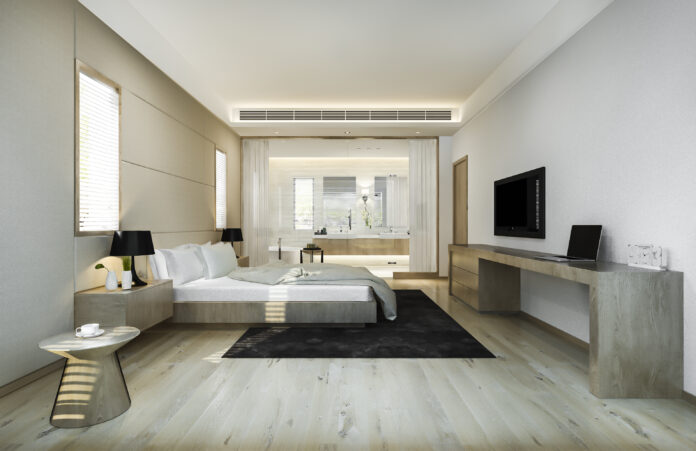 3d rendering modern luxury bedroom suite and bathroom