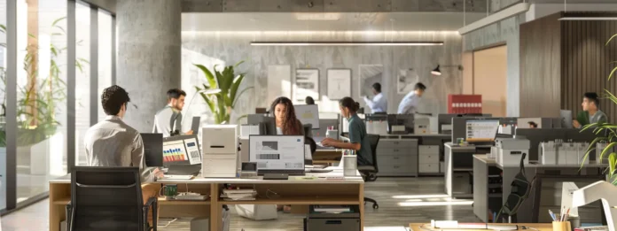 Employees in an office sitting at their desks and reading a comparison guide about Interfax vs Concord